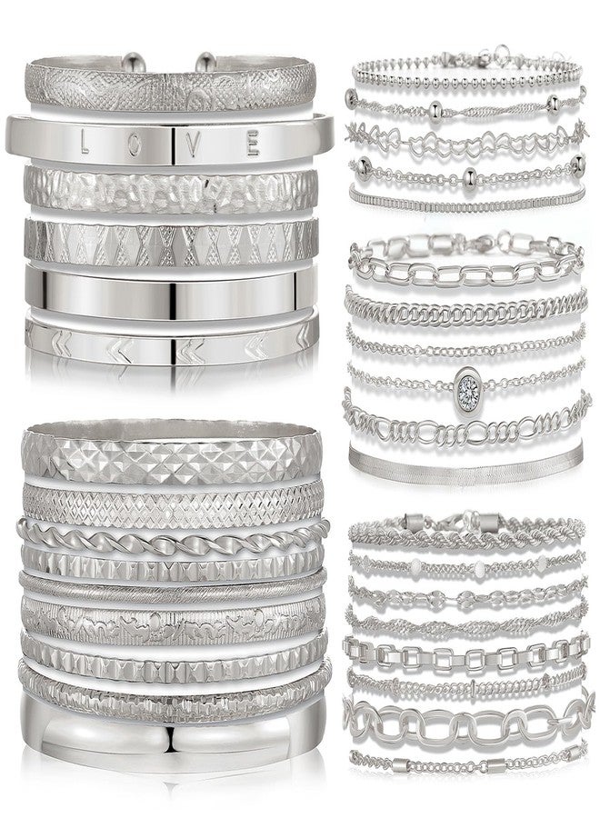 IFKM 5 PACK (35 PCS) Silver Chain Bangles Bracelets Set for Women, Silver Multiple Layered Stackable Open Cuff Bangle Anklet Bracelet Trendy Elegance Link Beads Italian Boho Cuban Jewelry for Women Gift - Image 1